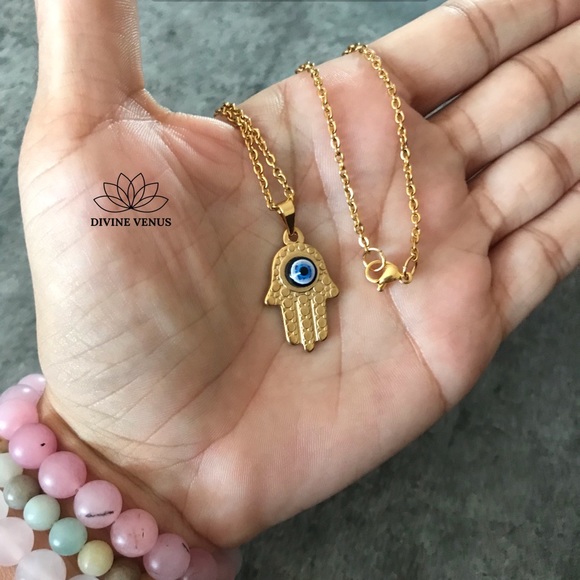 Hamsa Evil Eye Gold Plated Stainless Steel Neckace - Picture 3 of 5